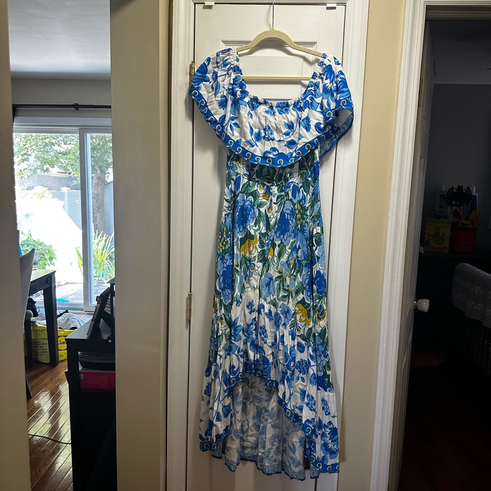 Flying Tomato Floral Blue and Green Off-Shoulder Dress L